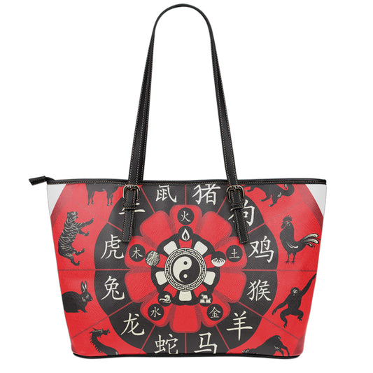Red Chinese Zodiac Wheel Print Leather Tote Bag