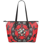 Red Chinese Zodiac Wheel Print Leather Tote Bag