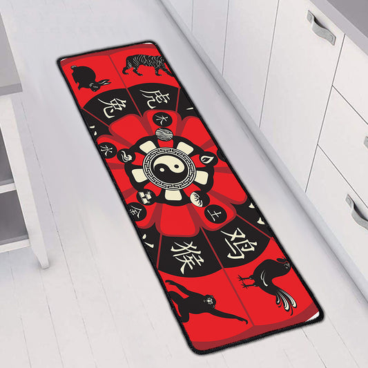 Red Chinese Zodiac Wheel Print Long Kitchen Mat