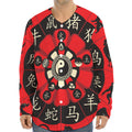 Red Chinese Zodiac Wheel Print Long Sleeve Baseball Jersey