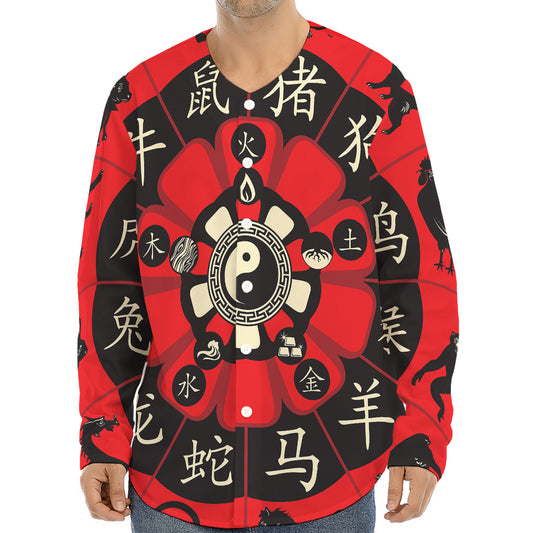 Red Chinese Zodiac Wheel Print Long Sleeve Baseball Jersey