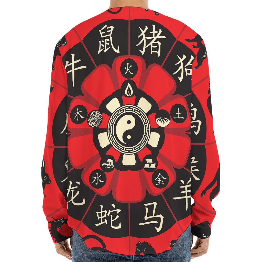 Red Chinese Zodiac Wheel Print Long Sleeve Baseball Jersey
