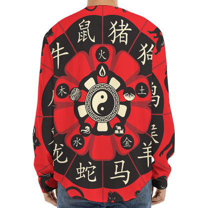 Red Chinese Zodiac Wheel Print Long Sleeve Baseball Jersey