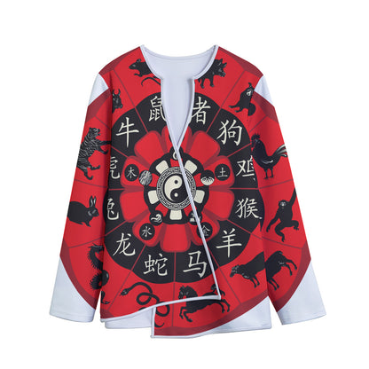 Red Chinese Zodiac Wheel Print Long Sleeve Short Coat
