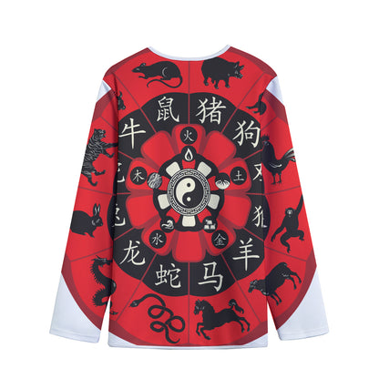 Red Chinese Zodiac Wheel Print Long Sleeve Short Coat