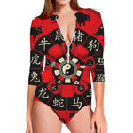 Red Chinese Zodiac Wheel Print Long Sleeve Swimsuit