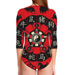 Red Chinese Zodiac Wheel Print Long Sleeve Swimsuit
