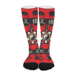 Red Chinese Zodiac Wheel Print Long Socks