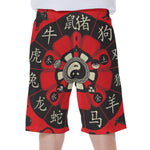 Red Chinese Zodiac Wheel Print Men's Beach Shorts