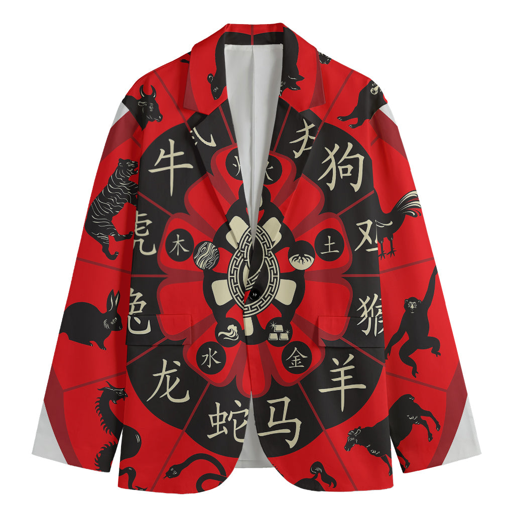 Red Chinese Zodiac Wheel Print Men's Blazer