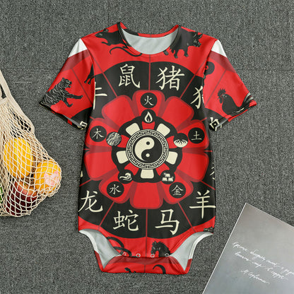 Red Chinese Zodiac Wheel Print Men's Bodysuit