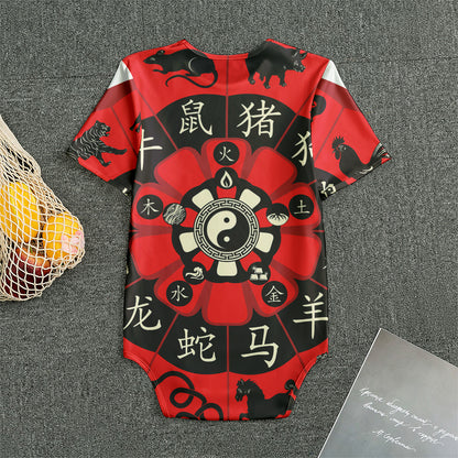 Red Chinese Zodiac Wheel Print Men's Bodysuit