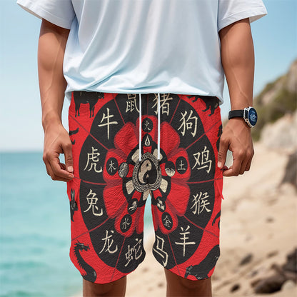 Red Chinese Zodiac Wheel Print Men's Cargo Shorts