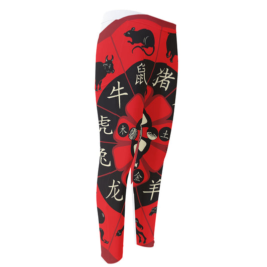 Red Chinese Zodiac Wheel Print Men's Compression Pants
