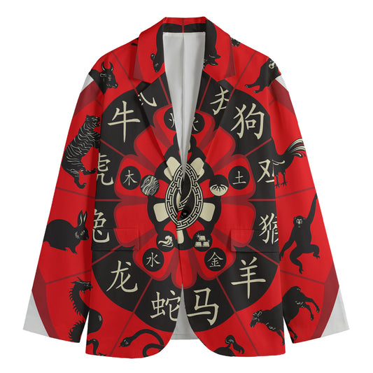 Red Chinese Zodiac Wheel Print Men's Cotton Blazer