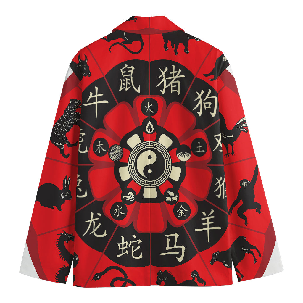 Red Chinese Zodiac Wheel Print Men's Cotton Blazer