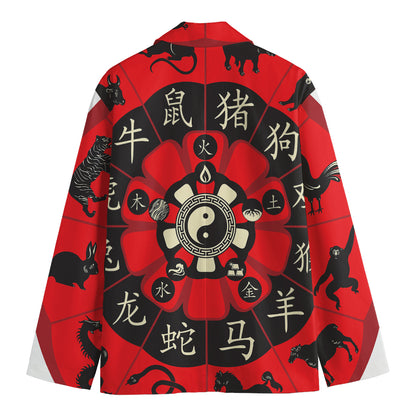 Red Chinese Zodiac Wheel Print Men's Cotton Blazer