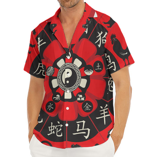 Red Chinese Zodiac Wheel Print Men's Deep V-Neck Shirt