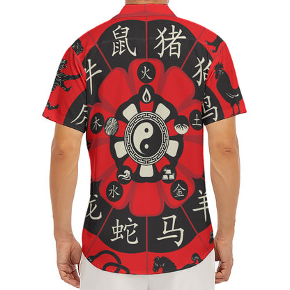 Red Chinese Zodiac Wheel Print Men's Deep V-Neck Shirt