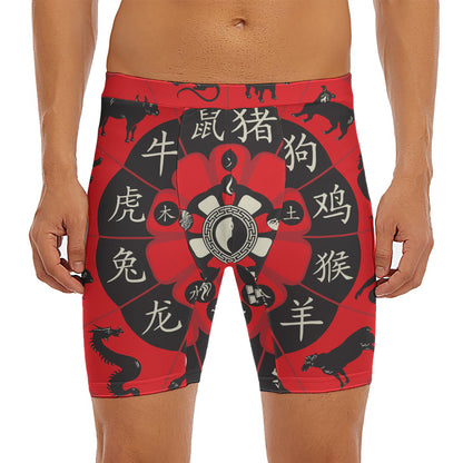 Red Chinese Zodiac Wheel Print Men's Long Boxer Briefs