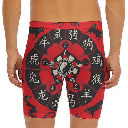 Red Chinese Zodiac Wheel Print Men's Long Boxer Briefs