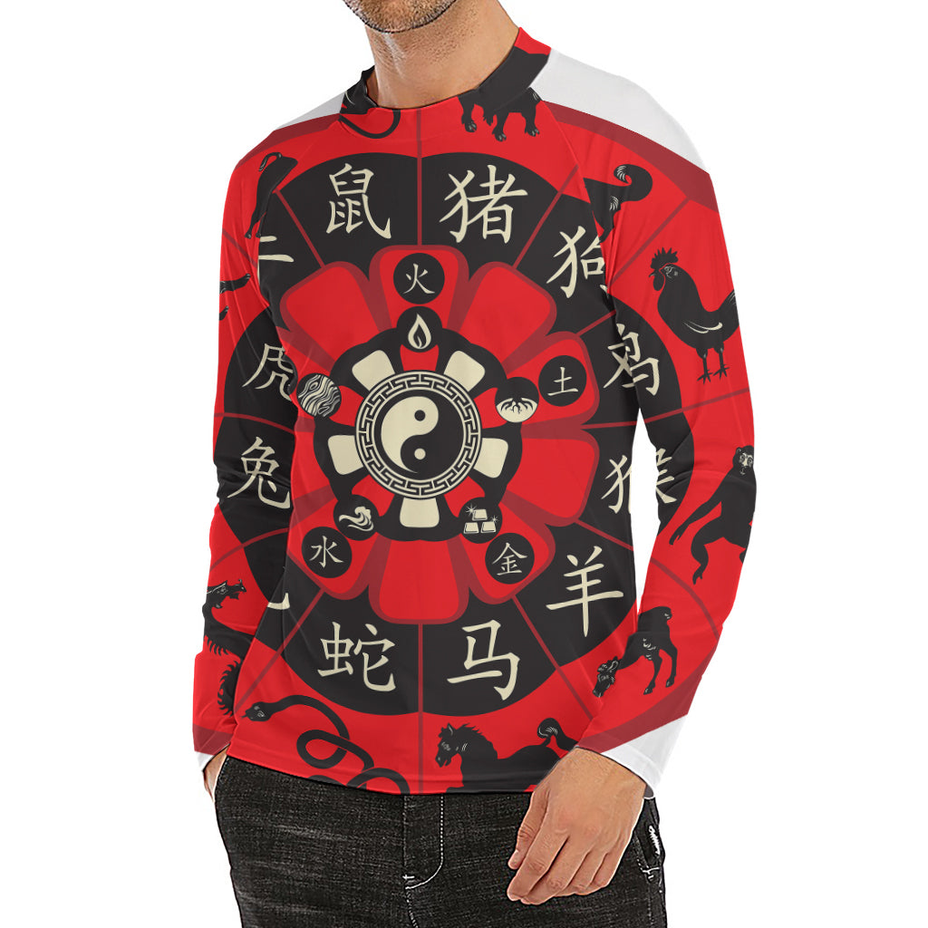 Red Chinese Zodiac Wheel Print Men's Long Sleeve Rash Guard