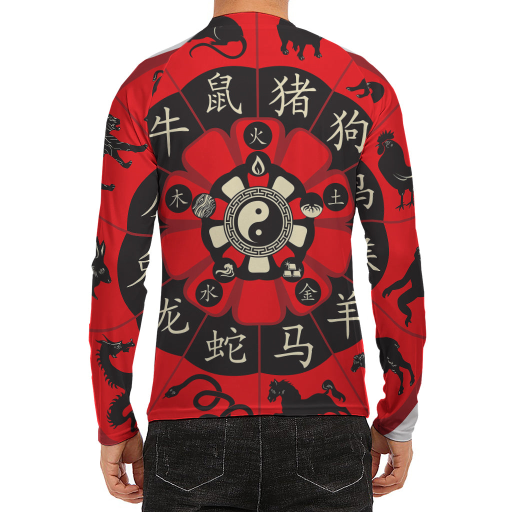 Red Chinese Zodiac Wheel Print Men's Long Sleeve Rash Guard