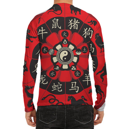 Red Chinese Zodiac Wheel Print Men's Long Sleeve Rash Guard