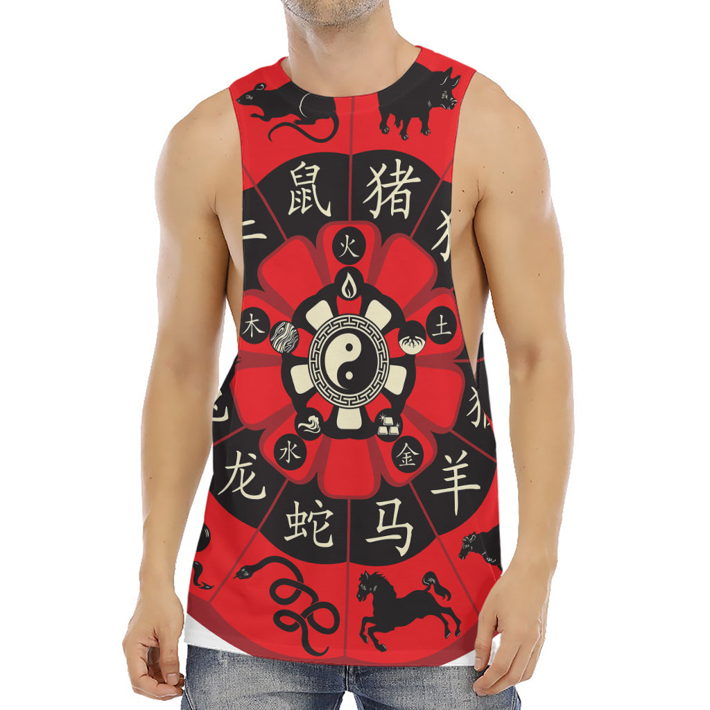 Red Chinese Zodiac Wheel Print Men's Muscle Tank Top