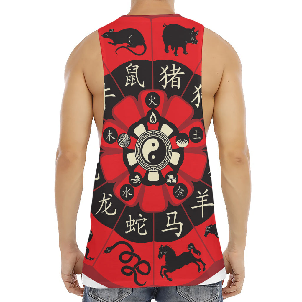 Red Chinese Zodiac Wheel Print Men's Muscle Tank Top