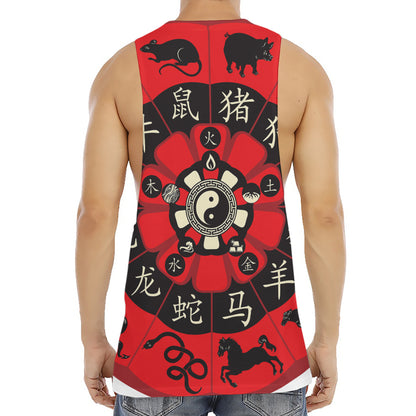 Red Chinese Zodiac Wheel Print Men's Muscle Tank Top