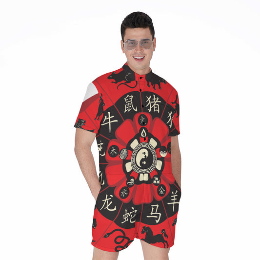 Red Chinese Zodiac Wheel Print Men's Rompers