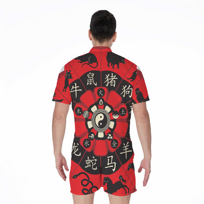 Red Chinese Zodiac Wheel Print Men's Rompers