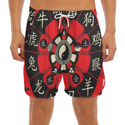 Red Chinese Zodiac Wheel Print Men's Split Running Shorts