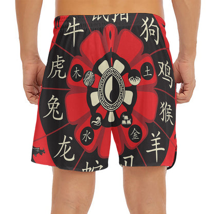 Red Chinese Zodiac Wheel Print Men's Split Running Shorts