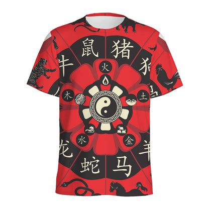Red Chinese Zodiac Wheel Print Men's Sports T-Shirt