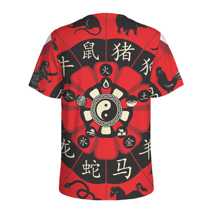 Red Chinese Zodiac Wheel Print Men's Sports T-Shirt