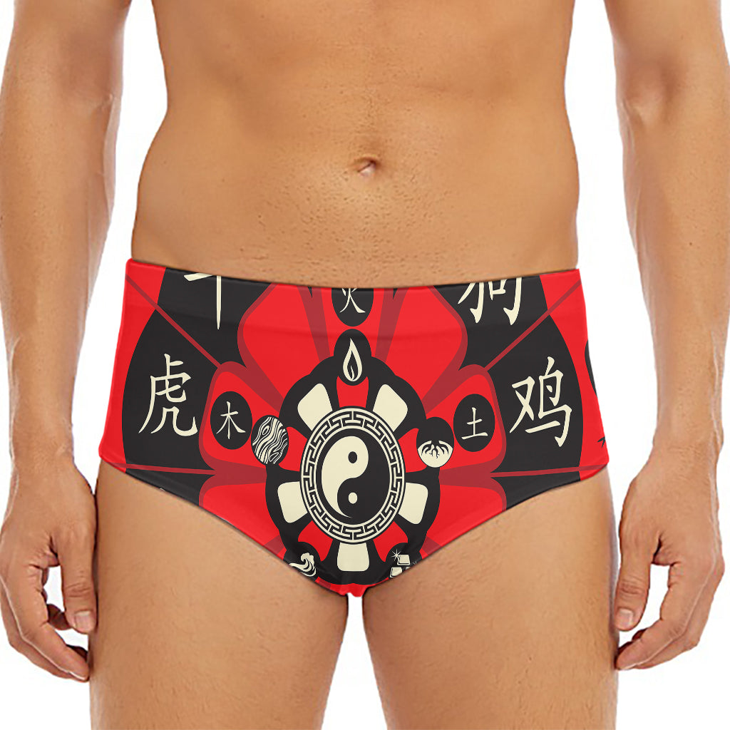 Red Chinese Zodiac Wheel Print Men's Triangle Swim Briefs