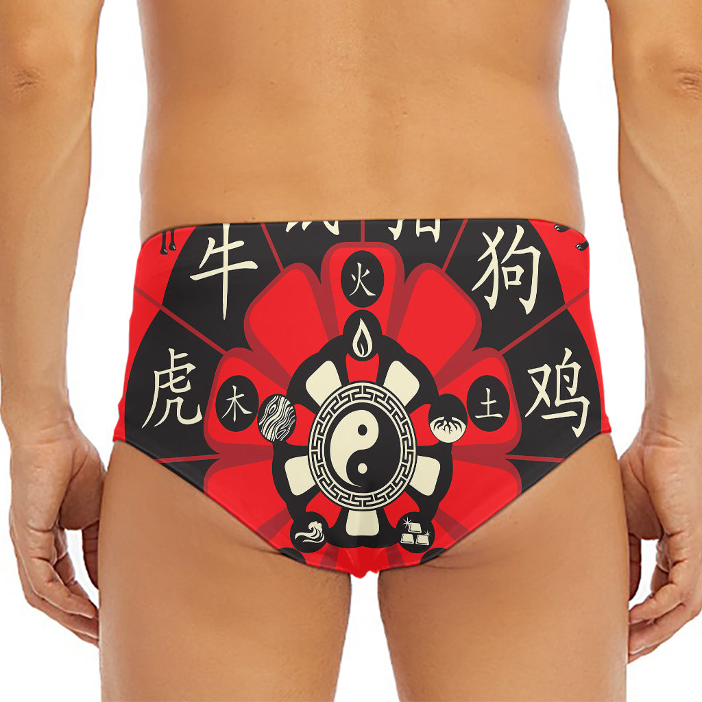 Red Chinese Zodiac Wheel Print Men's Triangle Swim Briefs
