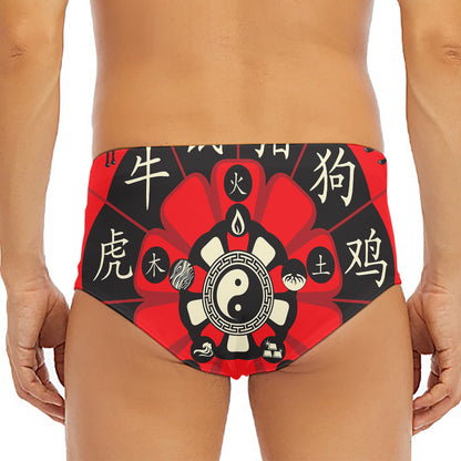 Red Chinese Zodiac Wheel Print Men's Triangle Swim Briefs