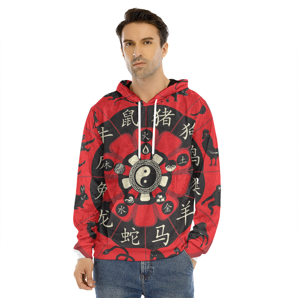 Red Chinese Zodiac Wheel Print Men's Velvet Pullover Hoodie