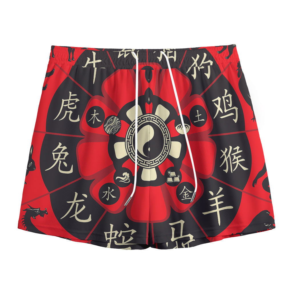 Red Chinese Zodiac Wheel Print Mesh Shorts