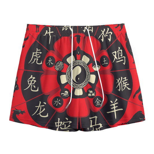 Red Chinese Zodiac Wheel Print Mesh Shorts