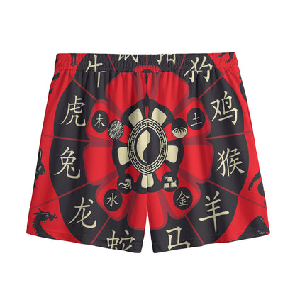 Red Chinese Zodiac Wheel Print Mesh Shorts