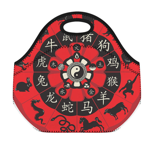 Red Chinese Zodiac Wheel Print Neoprene Lunch Bag