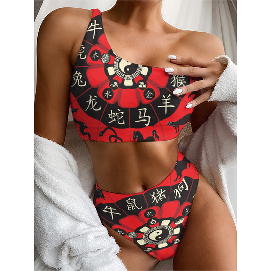 Red Chinese Zodiac Wheel Print One Shoulder Bikini Top