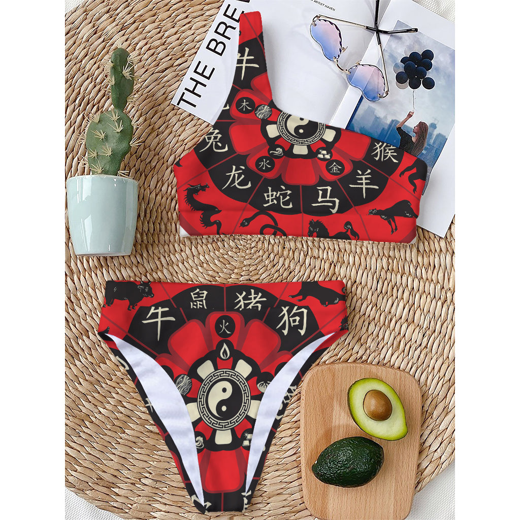 Red Chinese Zodiac Wheel Print One Shoulder Bikini Top