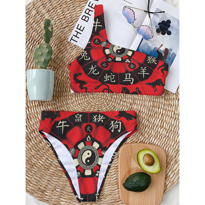 Red Chinese Zodiac Wheel Print One Shoulder Bikini Top