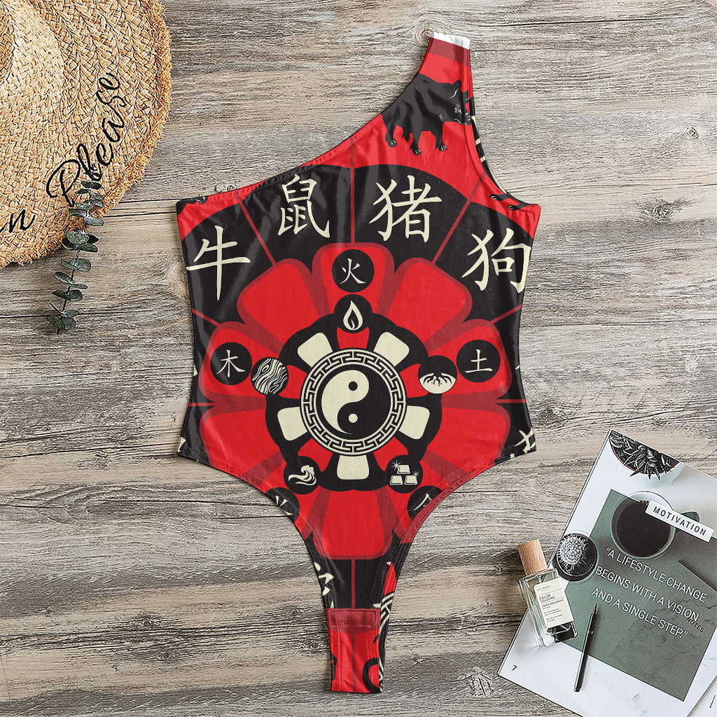 Red Chinese Zodiac Wheel Print One Shoulder Bodysuit
