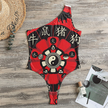Red Chinese Zodiac Wheel Print One Shoulder Bodysuit
